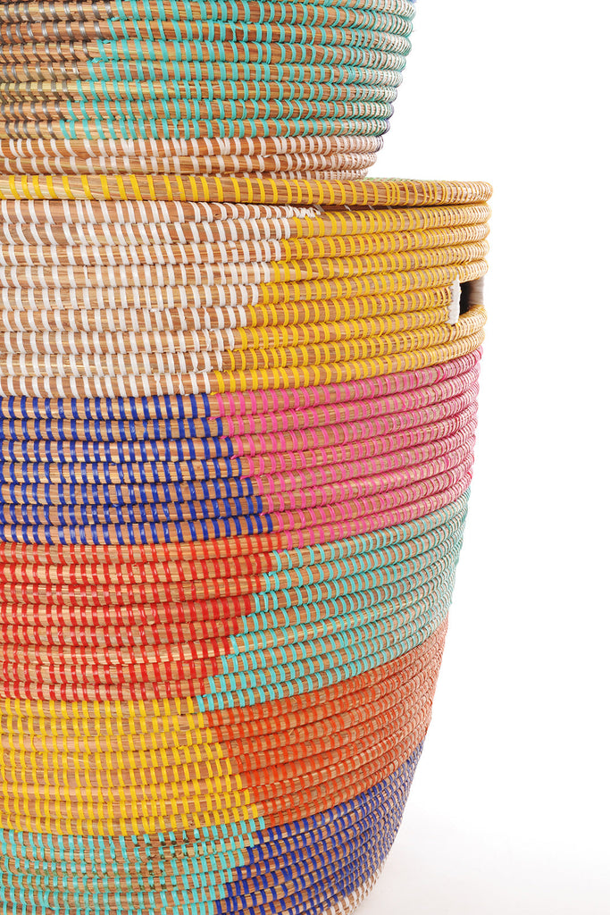 Set of Two Handwoven Rainbow Herringbone Hamper Baskets, Fair Trade, Senegal