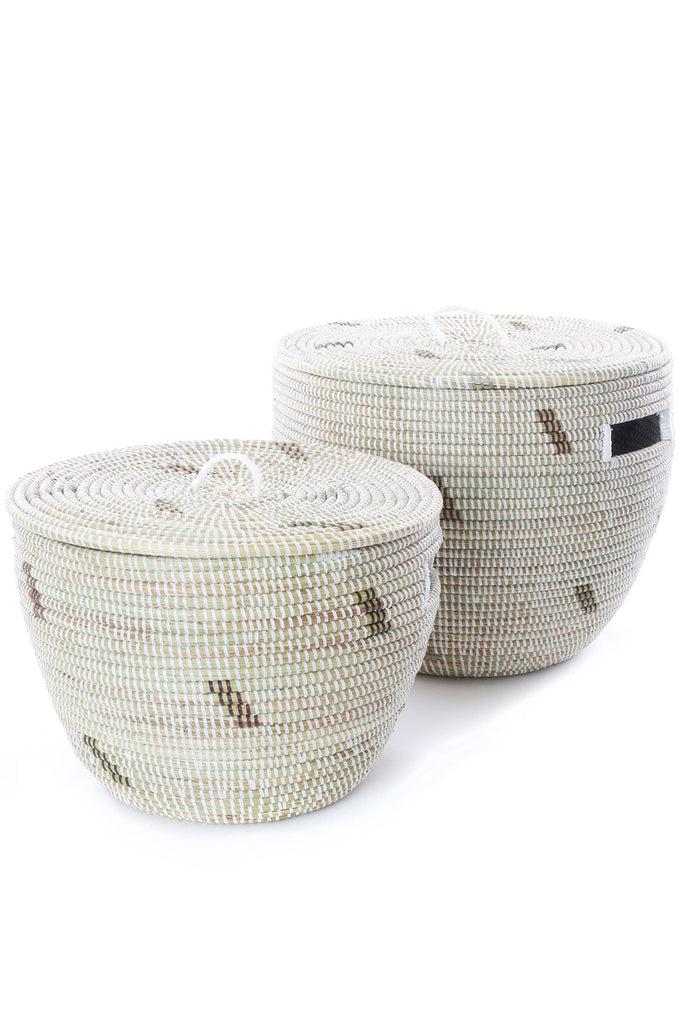 Set of Two Handwoven Nesting Baskets with Lids, White with Dashes, Fair Trade, Senegal