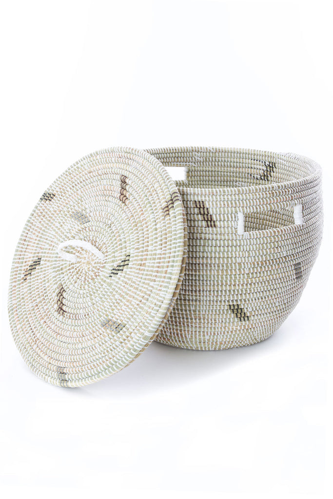 Set of Two Handwoven Nesting Baskets with Lids, White with Dashes, Fair Trade, Senegal