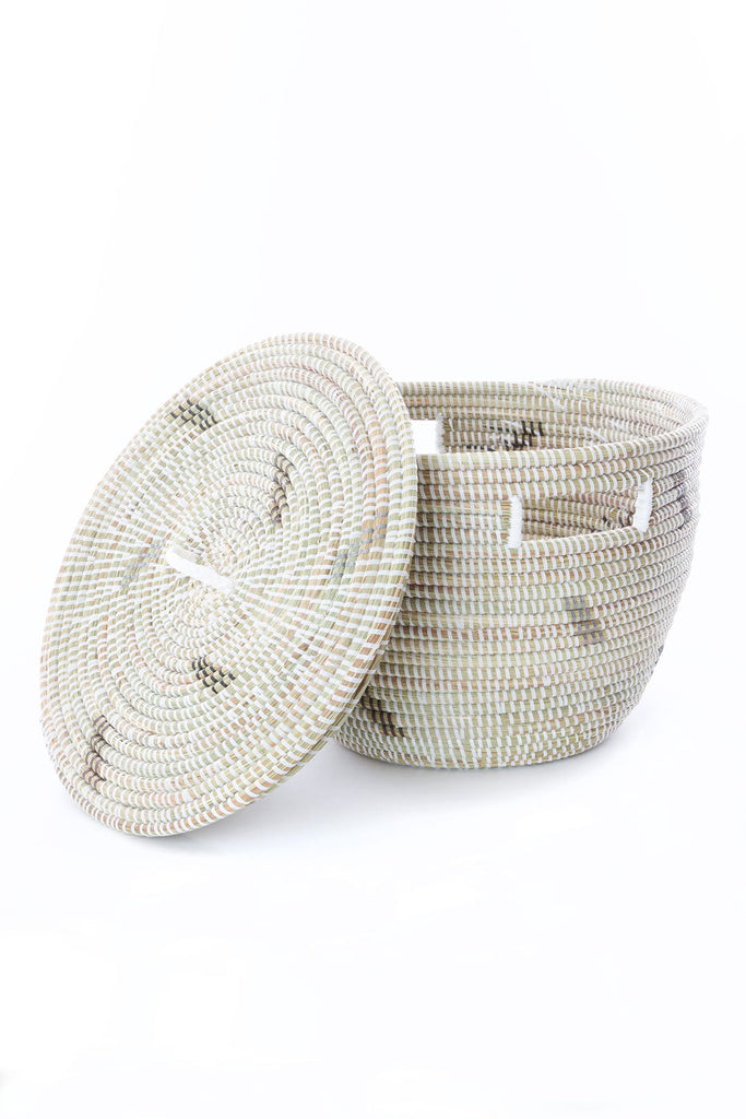 Set of Two Handwoven Nesting Baskets with Lids, White with Dashes, Fair Trade, Senegal