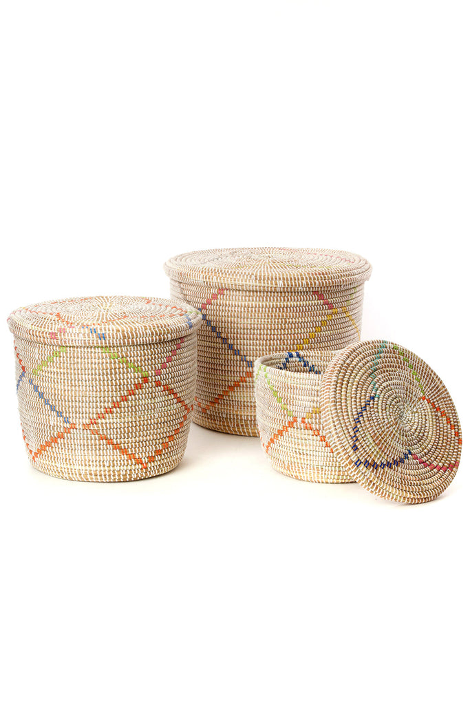 Set of Three Rainbow Garland Lidded White Storage Baskets Default Title