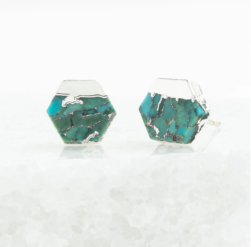 Silver Turquoise Stud Hexagon Earrings, Give freedom, careers & education to exploited girls & women!