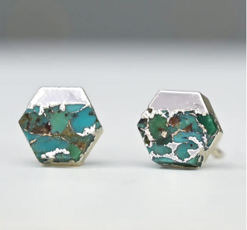 Silver Turquoise Stud Hexagon Earrings, Give freedom, careers & education to exploited girls & women!