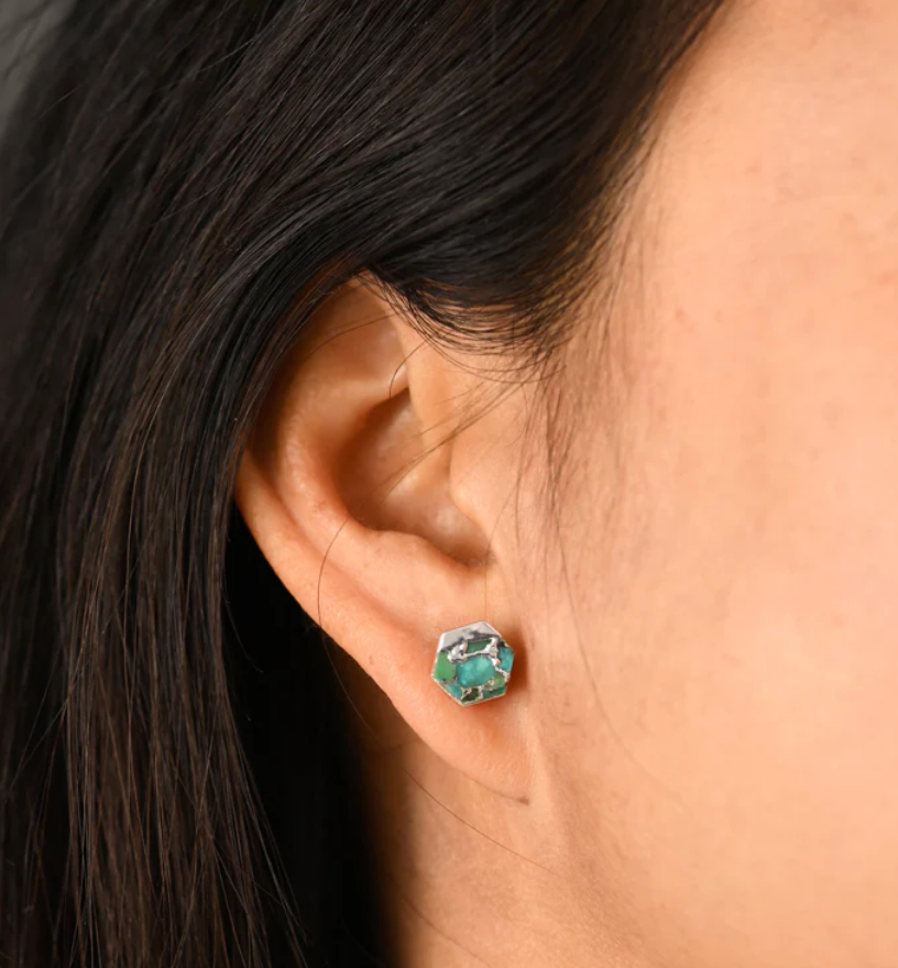 Silver Turquoise Stud Hexagon Earrings, Give freedom, careers & education to exploited girls & women!