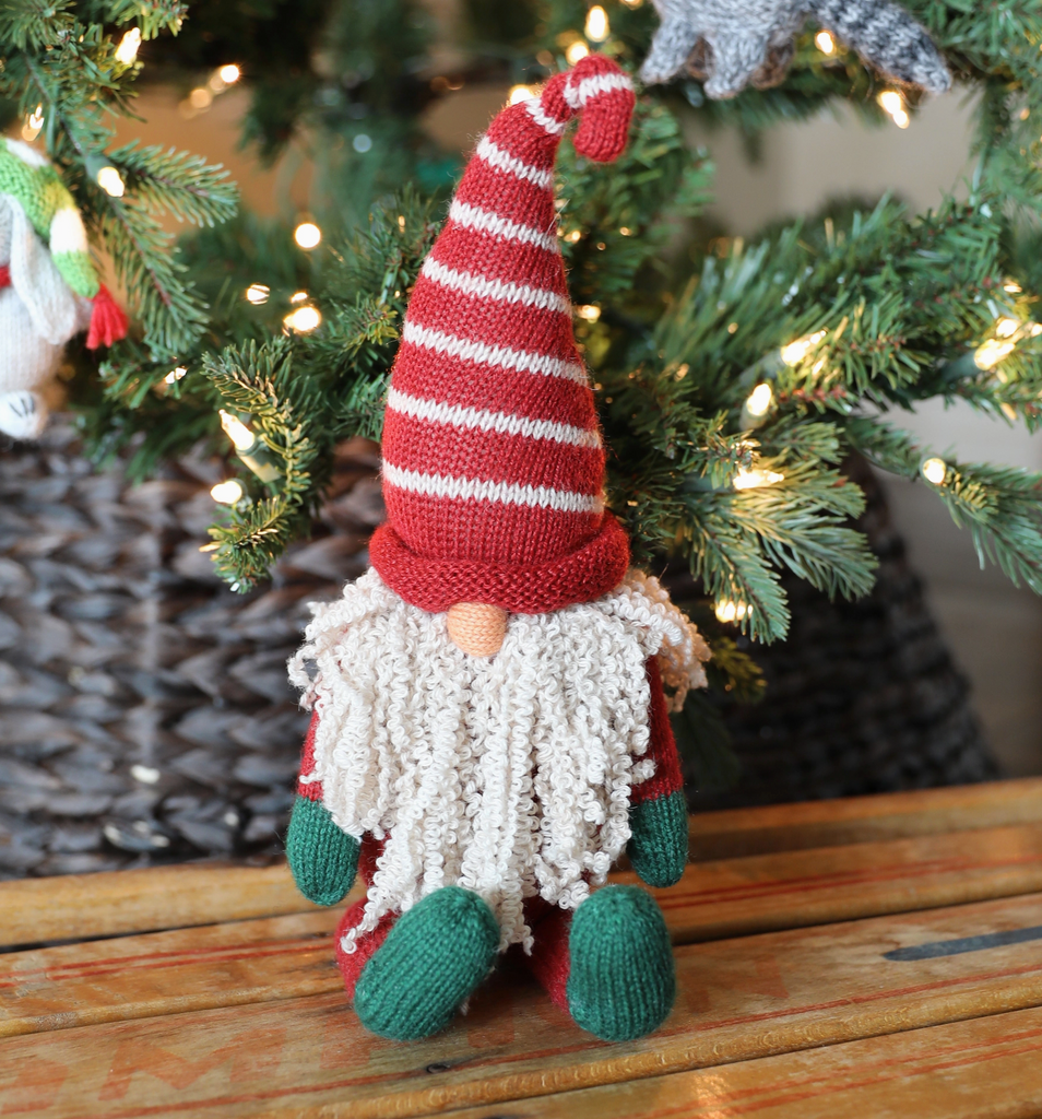 Hand Knit 13" Sitting Christmas Gnome, Fair Trade