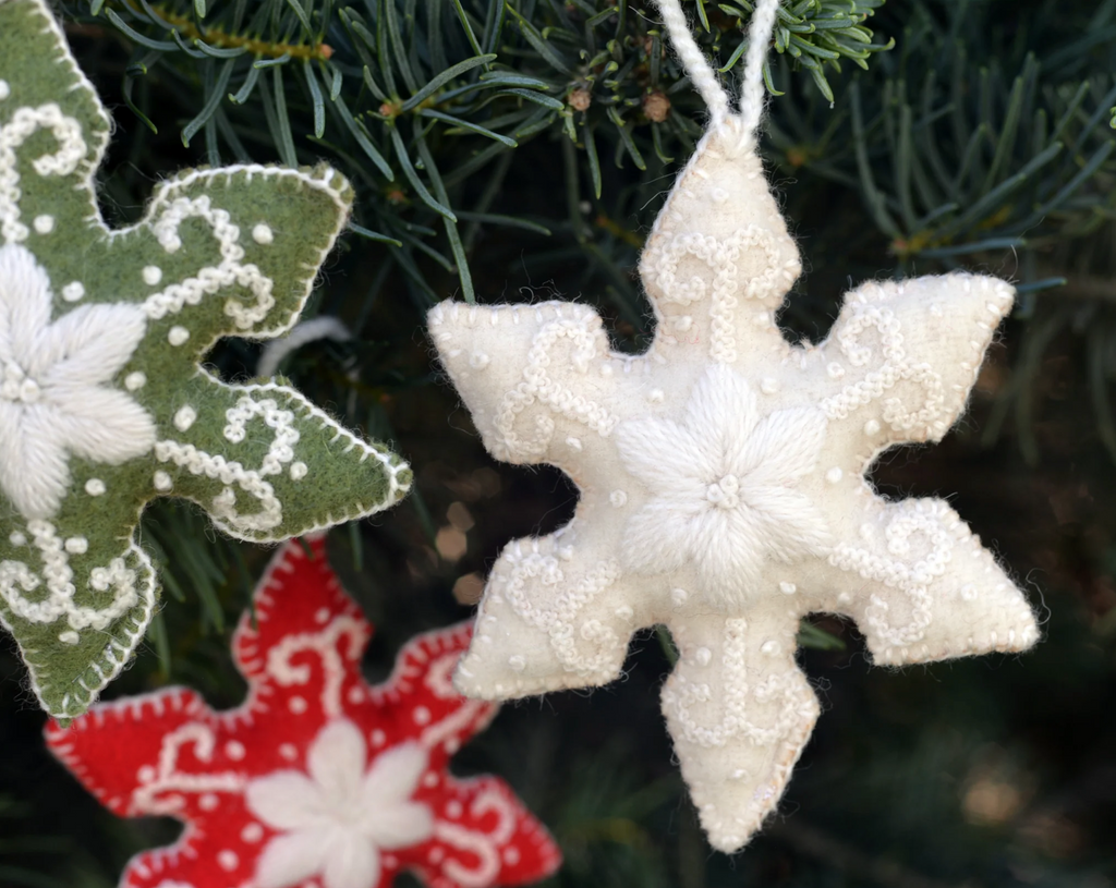 Set of 3 Hand Sewn and Embroidered Snowflake ornaments, Fair Trade, Peru