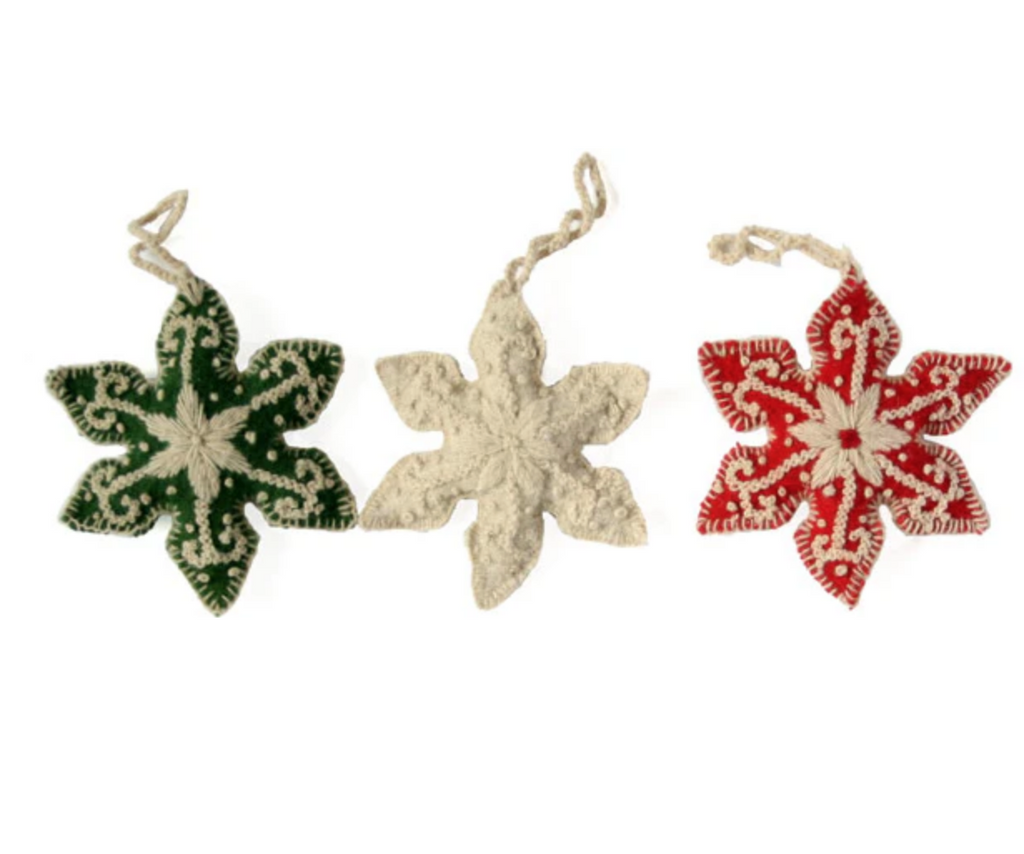 Set of 3 Hand Sewn and Embroidered Snowflake ornaments, Fair Trade, Peru