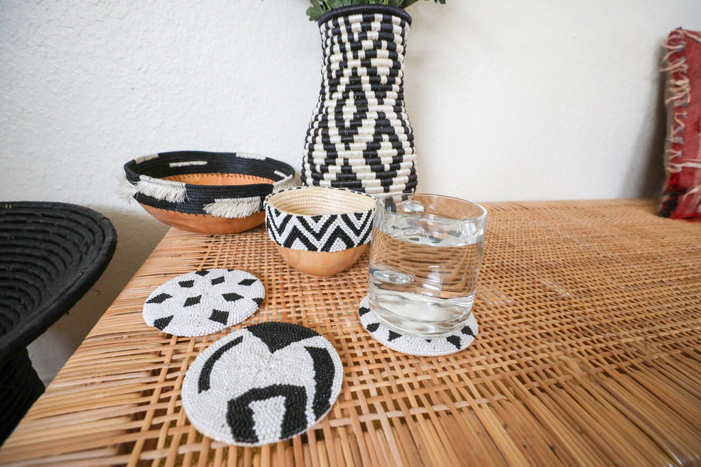 Black & White Handmade Fringed Wooden Bowl- Fair Trade from Rwanda