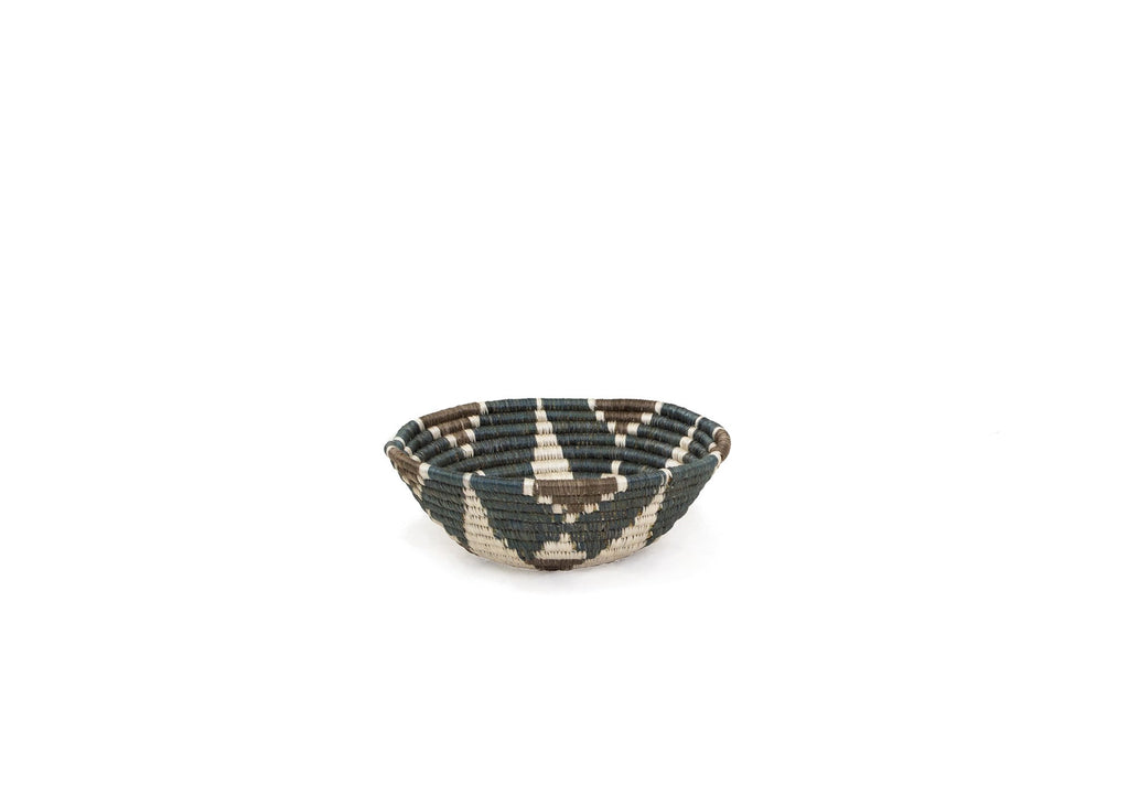 Handwoven 6" Round Basket Bowl - Flower with Grey, Brown & White  - Fairtrade, Rwanda
