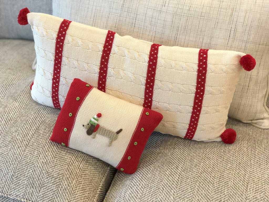 Hand Knit Christmas Pillow, Ecru & Red, Cable With Dots & Stripes, Fair Trade - Give Back Goods