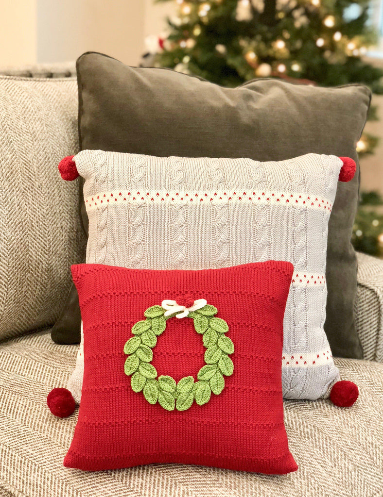 Hand Knit Red Christmas Pillow with Green Wreath, Fair Trade, Creates Jobs - Give Back Goods