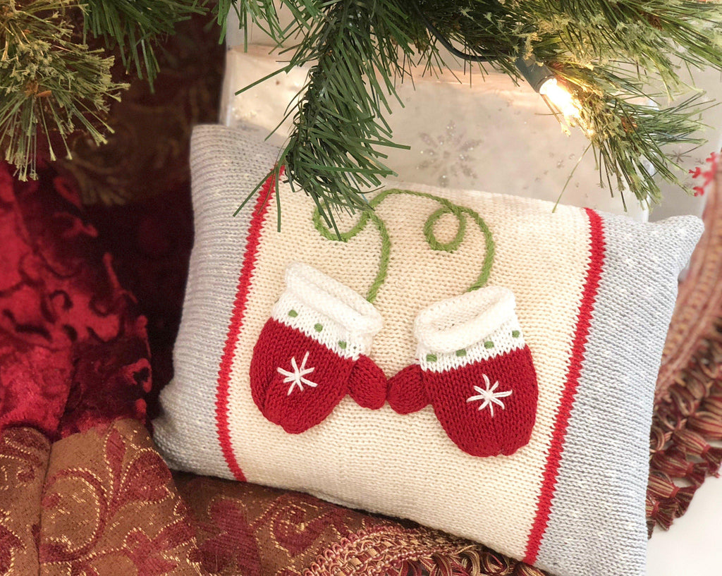 Hand Knit Christmas Pillow with Mini Mittens, Fair Trade - Give Back Goods