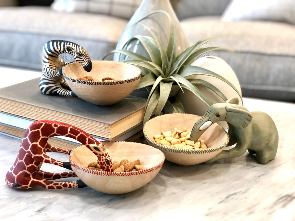Set of 3 Hand Carved African Animal Bowls, Elephant, Zebra, Giraffe, Fair Trade & 10% goes to help animal conservation in Africa! - Give Back Goods