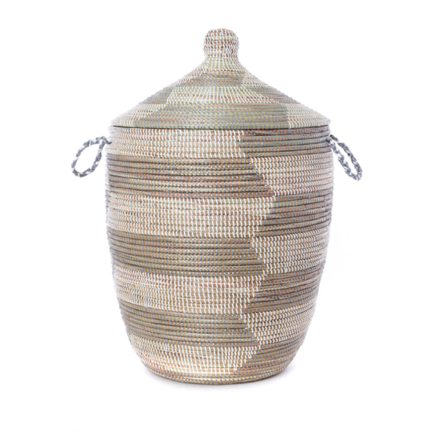Large Silver & White Handwoven Hamper Storage Basket, Fair Trade, Eco-Friendly