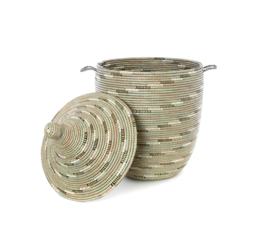 Large Hamper Storage Basket, Green Silver Swirl, Fair Trade & Eco-Friendly