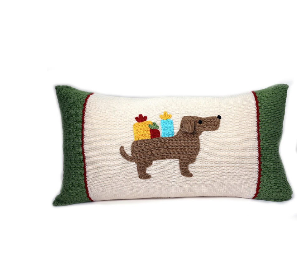 10x20 Hand Knit Dachshund Lumbar Christmas Pillow, Fair Trade