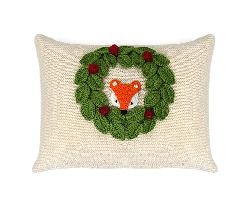 Hand Knit Fox & Wreath Christmas Pillow, Fair Trade