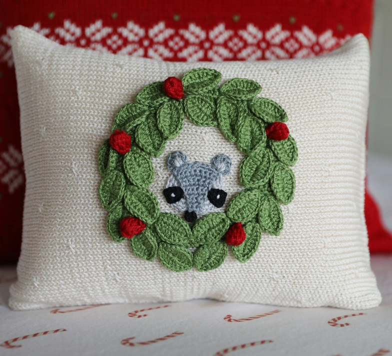 Hand Knit Racoon Mini Christmas Pillow, Fair Trade