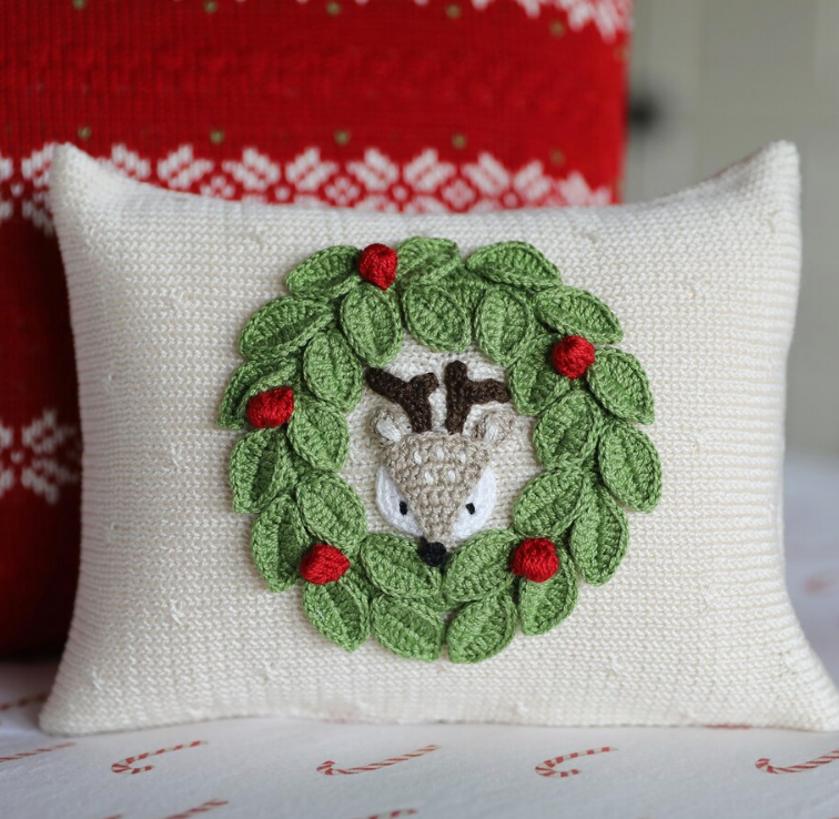 Hand Knit Deer and Wreath Mini Christmas Pillow, Armenia- Fair Trade