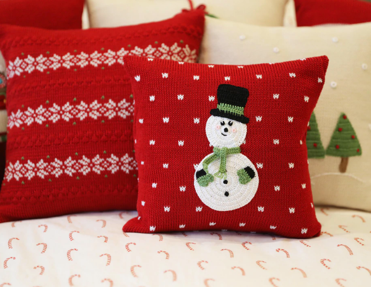 Hand Knit Snowman Holiday Christmas Pillow, Fair Trade