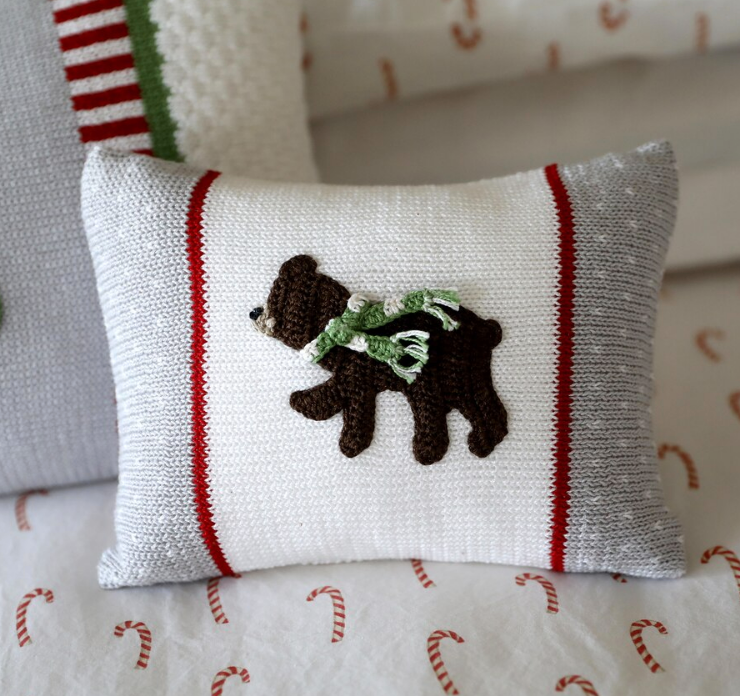 Hand Knit Christmas Bear Pillow, Fair Trade
