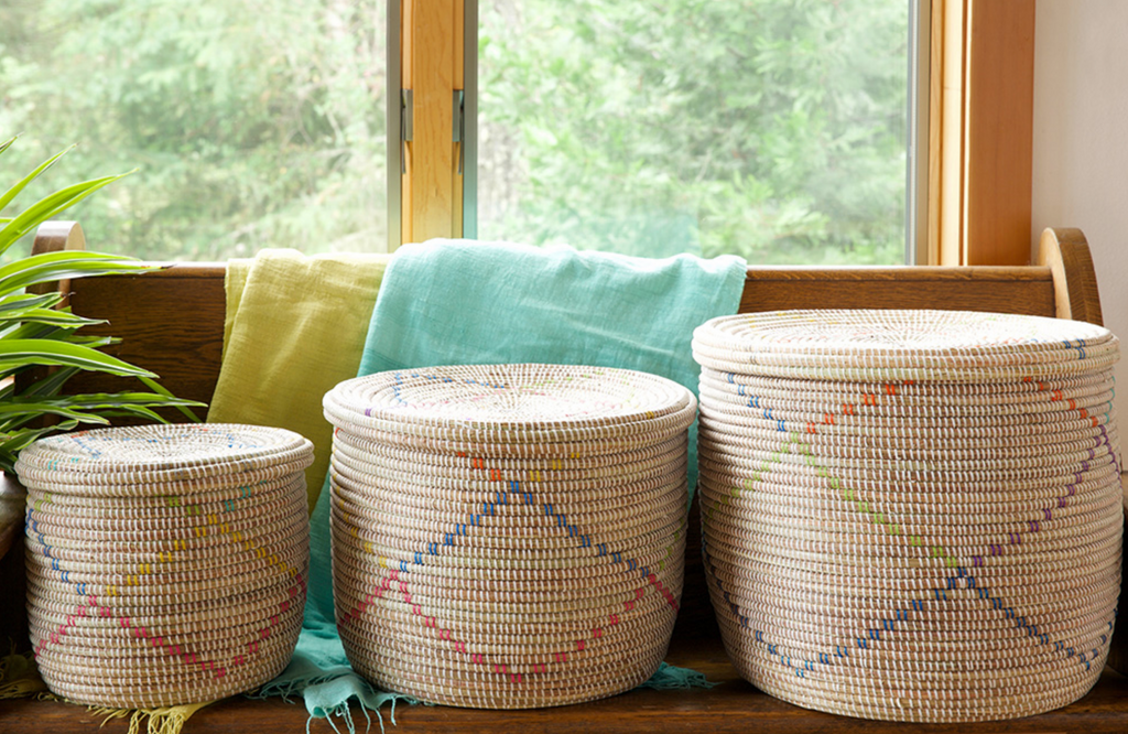 Set of Three Handwoven White Storage Baskets with Rainbow Diamonds, Fair Trade
