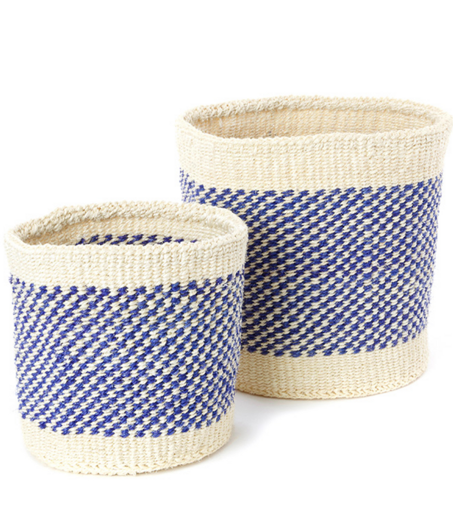 Two Handmade Blue & Cream Sisal Nesting Baskets, Kenya, Fair Trade