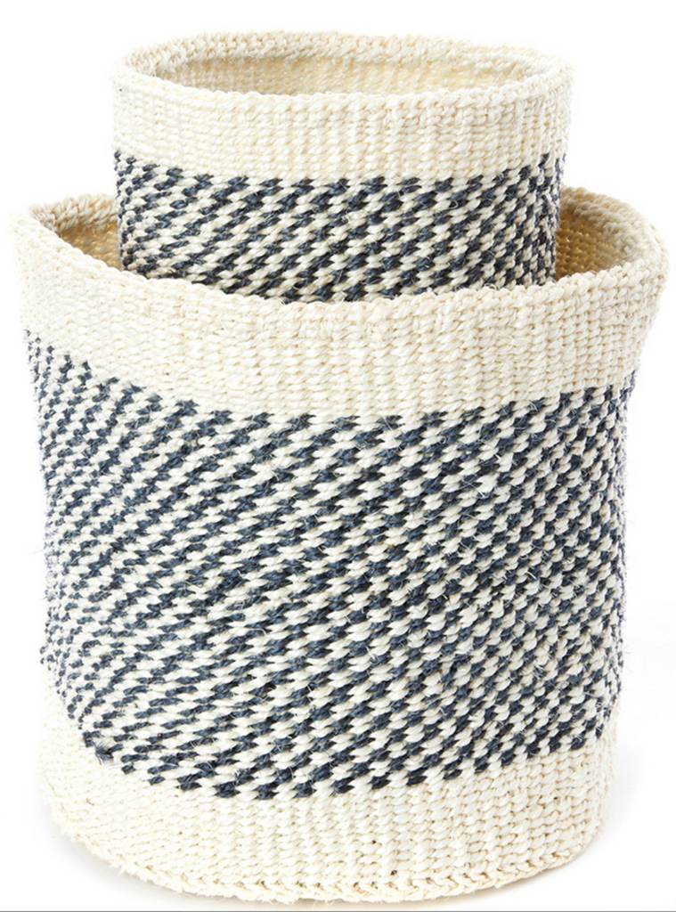 2 Handwoven Charcoal Grey & Cream Twill Sisal Nesting Baskets, Kenya, Fair Trade