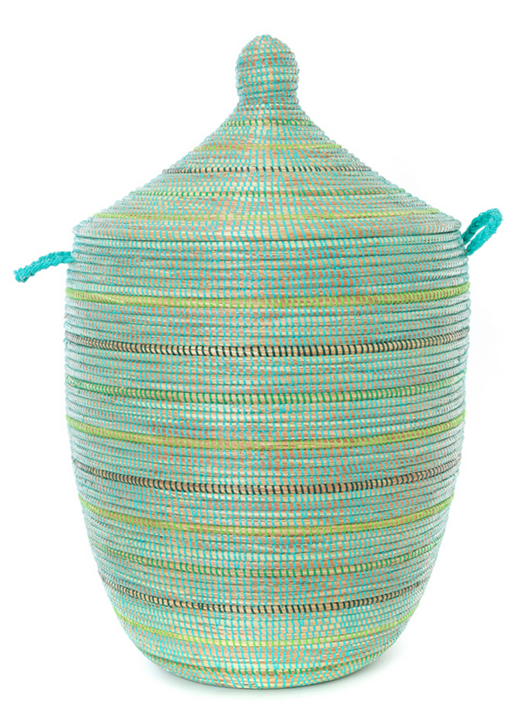 Large Handwoven Green Striped Hamper Decorative Storage Basket - Fair Trade, Eco-Friendly