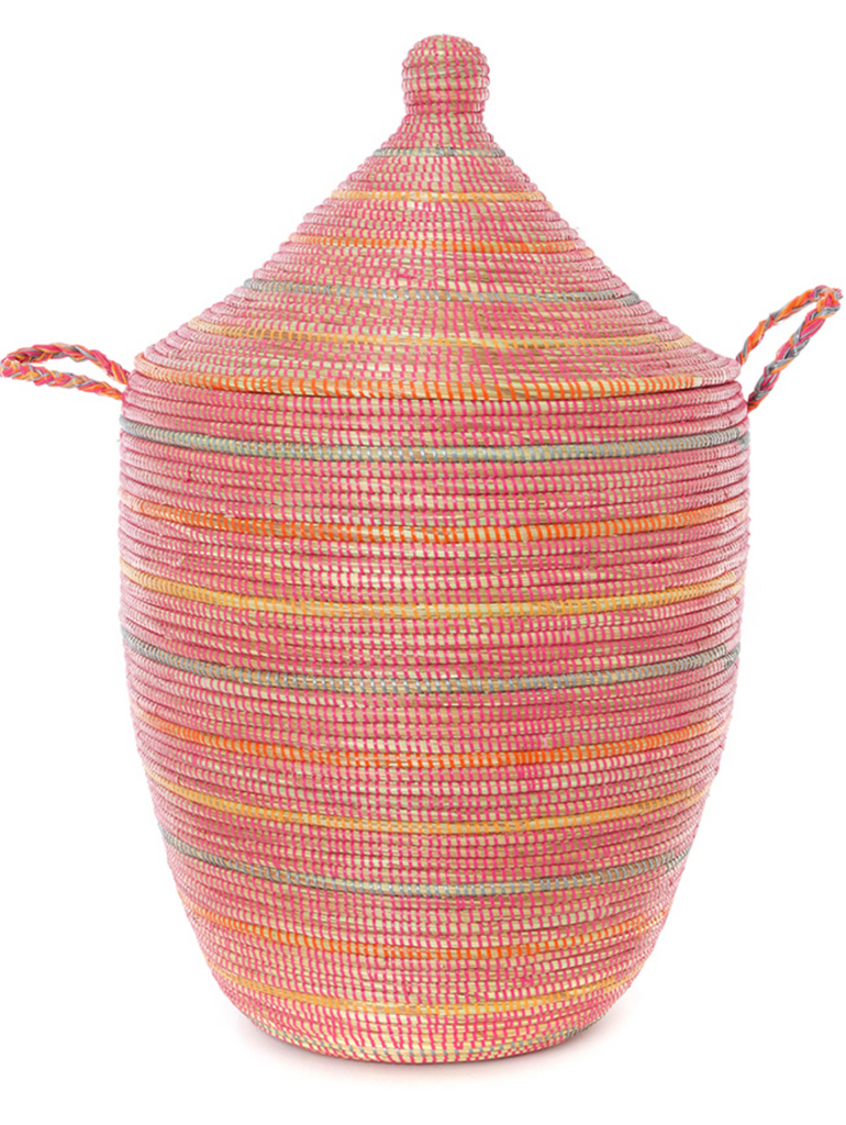 Large Handcrafted Pink & Orange Striped Hamper Decorative Storage Basket - Fair Trade, Eco-Friendly