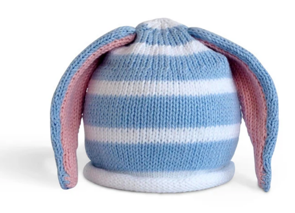 Handmade Knit Striped white & Blue Baby/ Toddler Bunny Ear Hat - Fair Trade