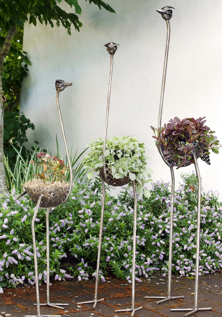 Ostrich garden plant & flower holder (slender)- Recycled metal, Fair Trade from Kenya