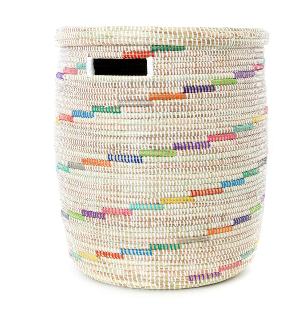 White Rainbow Striped Hamper Laundry Storage Basket- Fair Trade-Eco-Friendly- Handmade