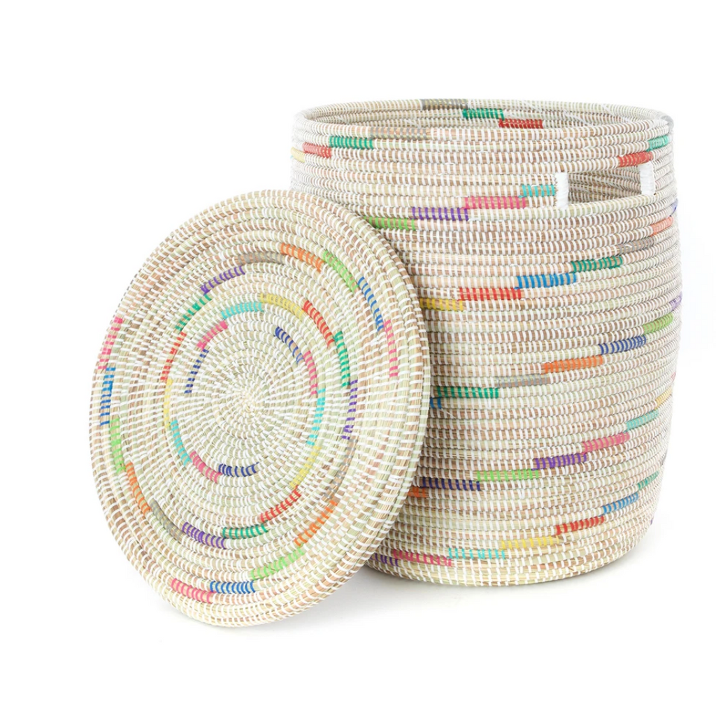White Rainbow Striped Hamper Laundry Storage Basket- Fair Trade-Eco-Friendly- Handmade