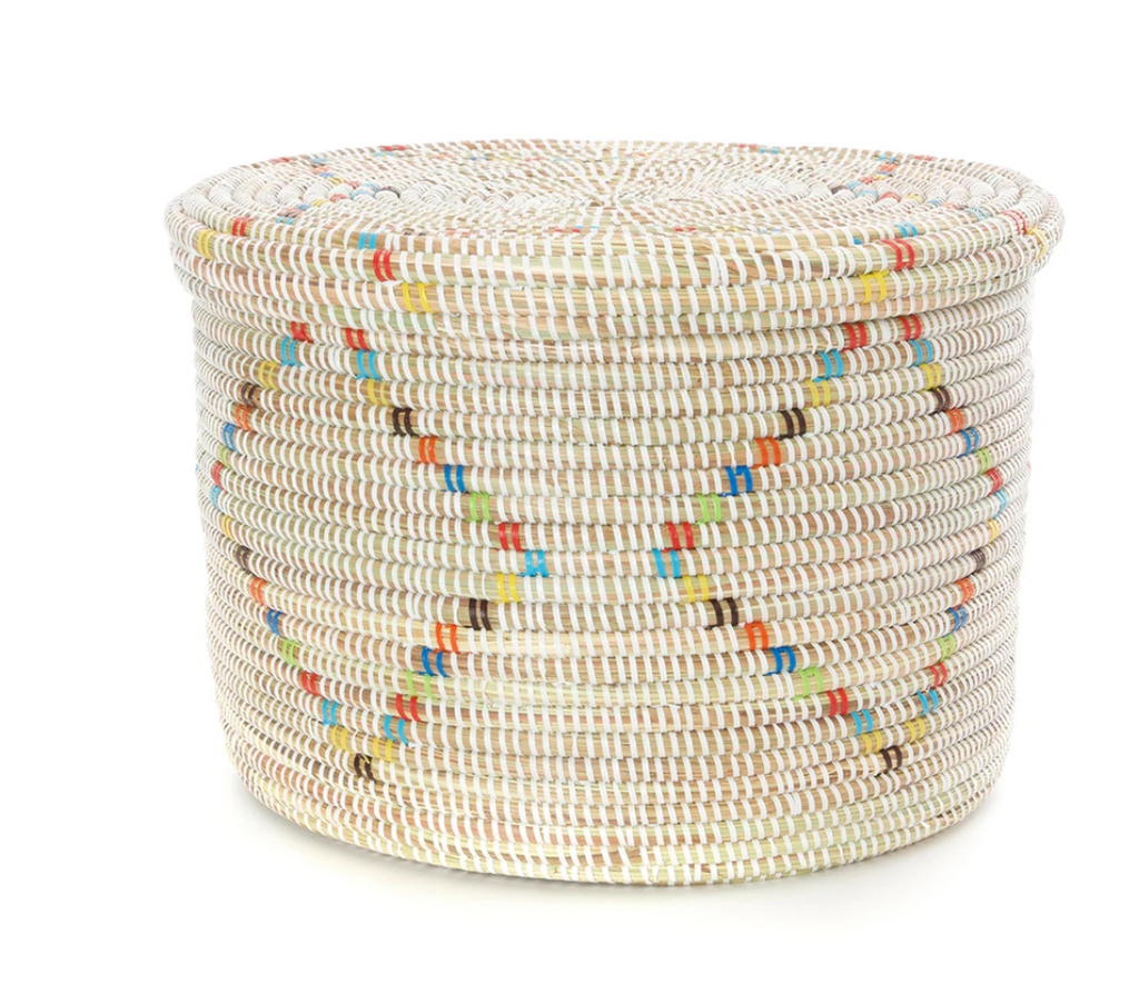 Set of 2 White Rainbow Diamond Handwoven African Cattail Decorative Storage Basket, Fair Trade
