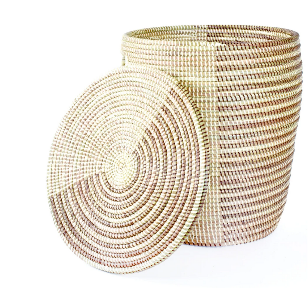 Hand Woven Hamper Laundry Storage Basket, Natural & Striped, Fair Trade