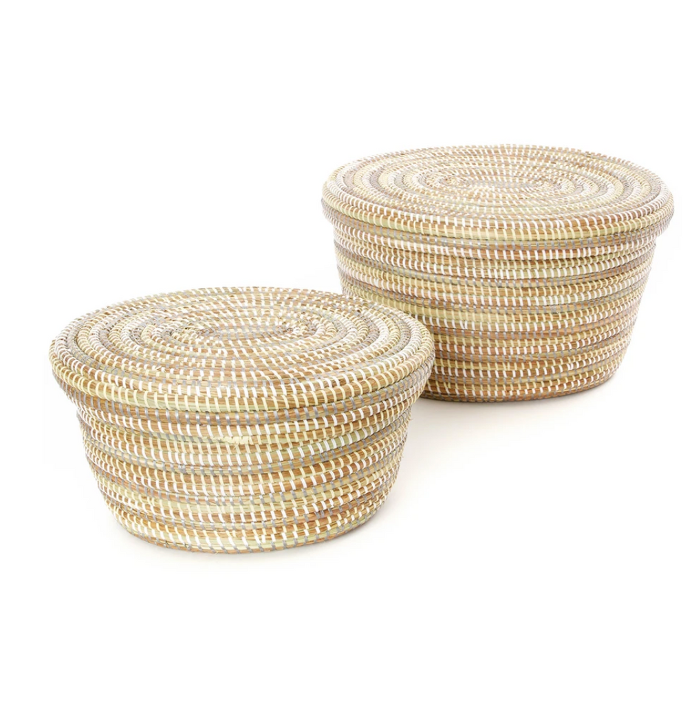 Set of 2 Handwoven Nesting Baskets, Silver, Cream & White, Fair Trade
