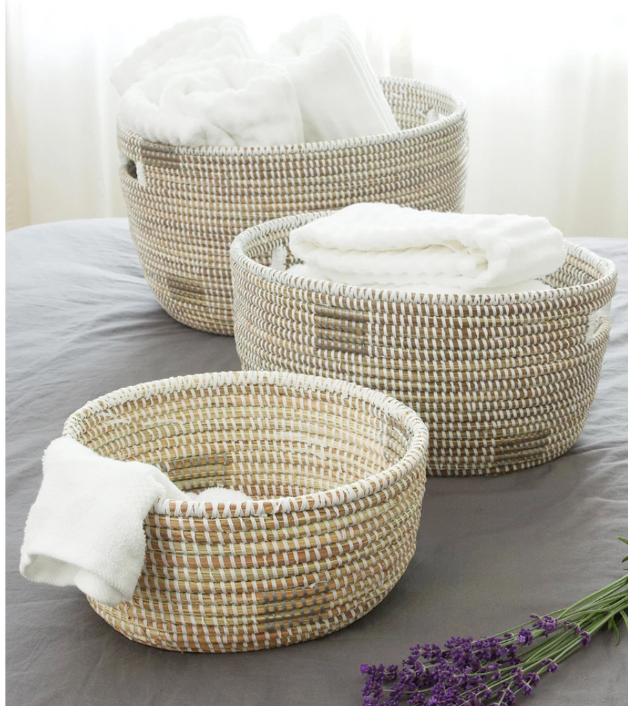 Set of 3 Handmade Nesting Sewing Baskets, Natural with  Blocks, Fair Trade, Eco-Friendly