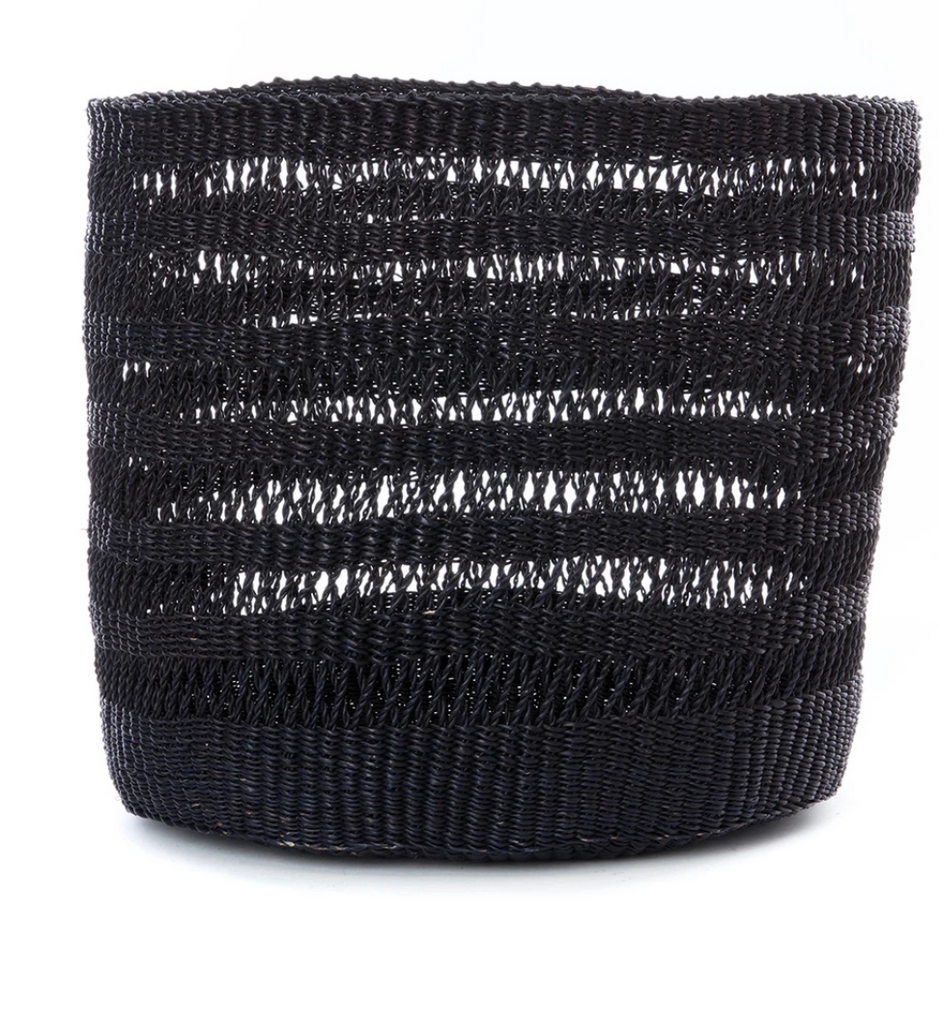 3 Black Lace Handwoven Basket Bins- Elephant Grass, Fair Trade, Eco-Friendly, Ghana