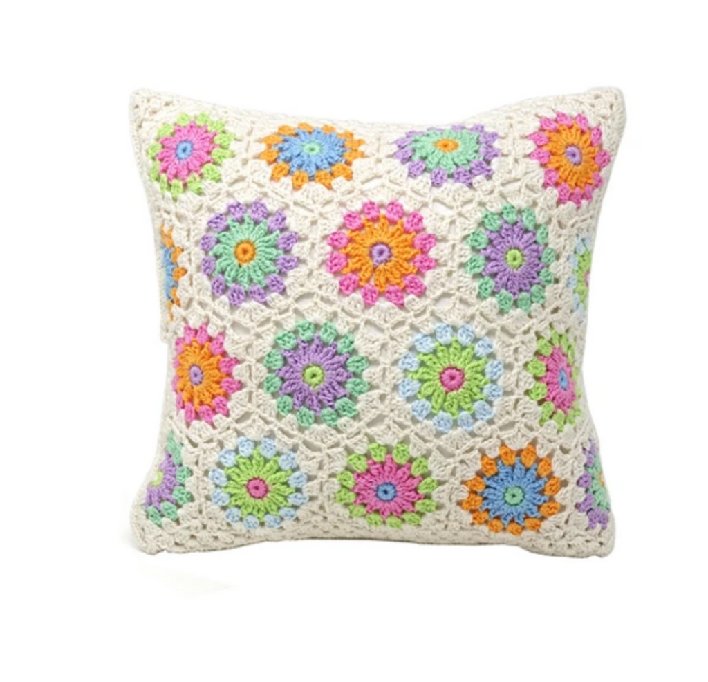 Pastel Color Flower Crochet Decorative Pillow - Handmade, Fair Trade