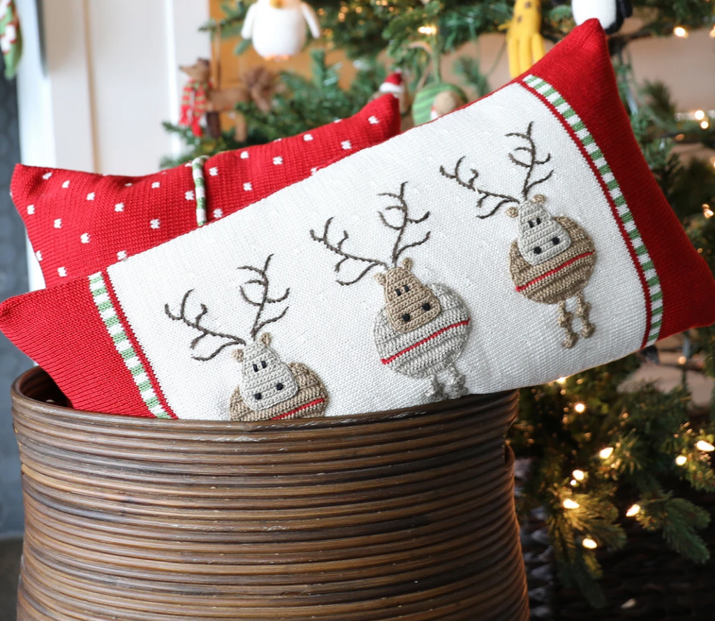 10x20 Hand Knit Reindeer Lumbar Christmas Pillow, Fair Trade
