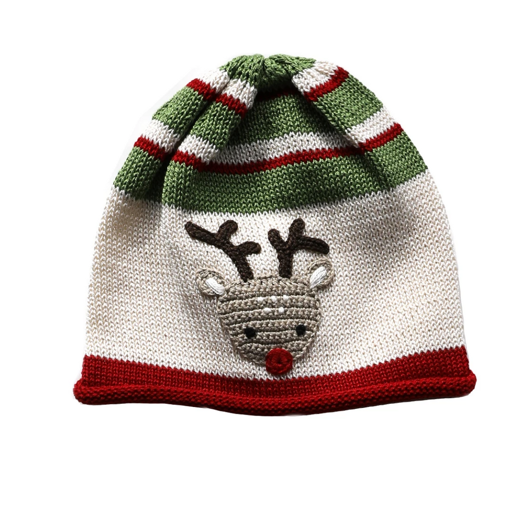 Hand Knit Rudolf Christmas Baby Hat / Beanie with embroidery - Fair Trade