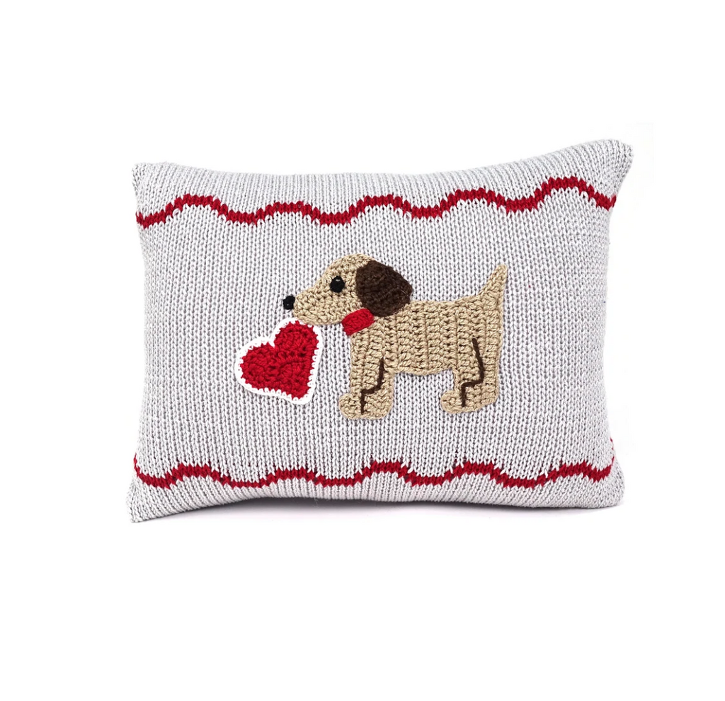 Grey handknit mini baby Puppy Pillow with Valentine's Heart, Fair Trade