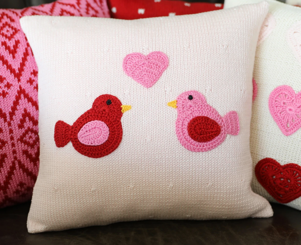 10" Love Birds & Heart Valentine Pillow, Handmade, Fair Trade