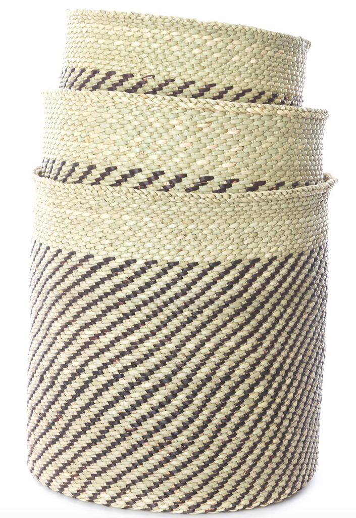 Handwoven Natural Grass Storage Baskets, Black Diagonal Accents, Fair Trade- Tanzania