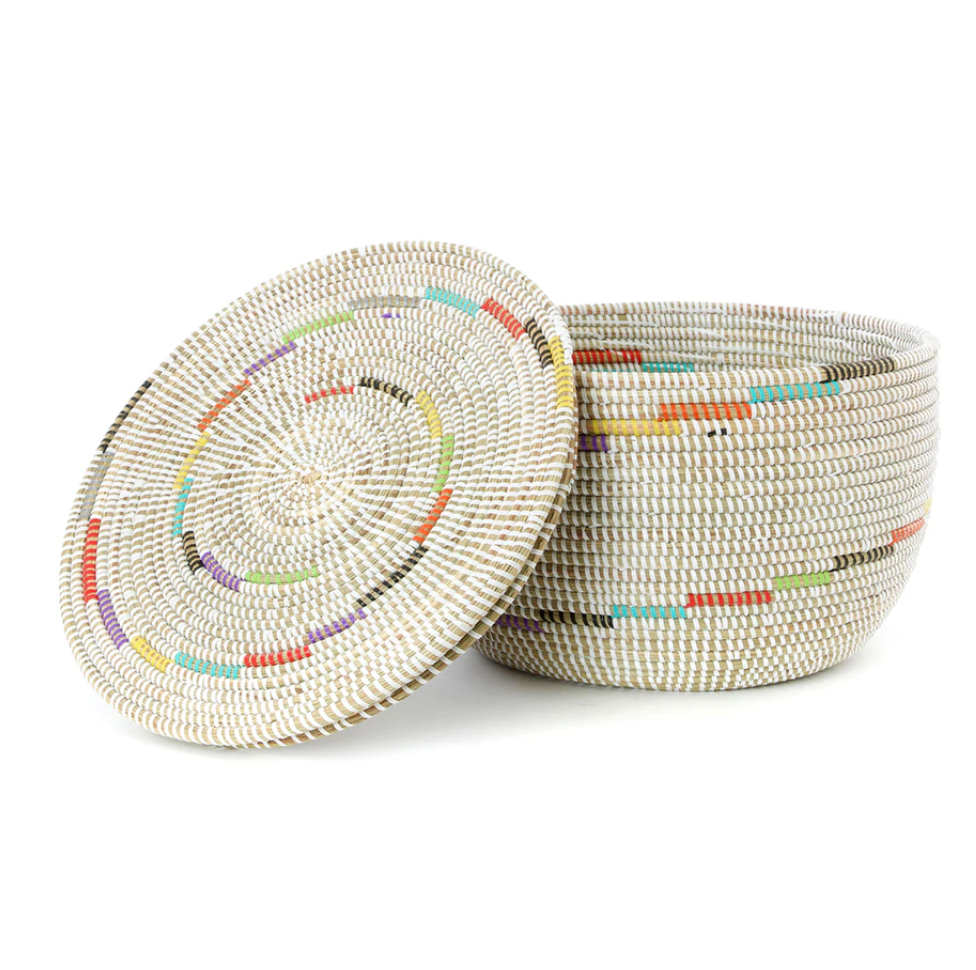 White Rainbow Swirl Handwoven African Cattail Decorative Storage Basket, Fair Trade