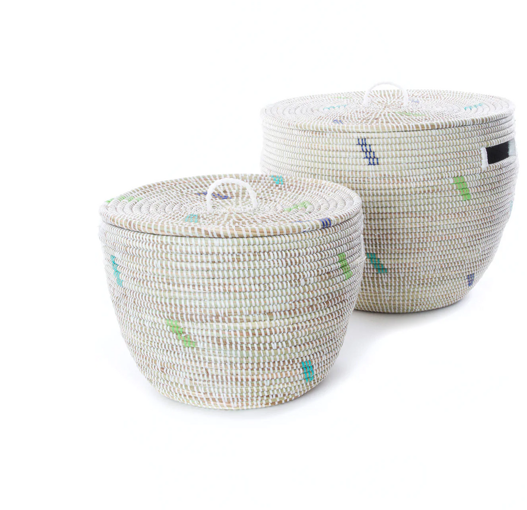 Set of 2 White with Green & Blue Dashes Handwoven African Decorative Storage Basket, Fair Trade