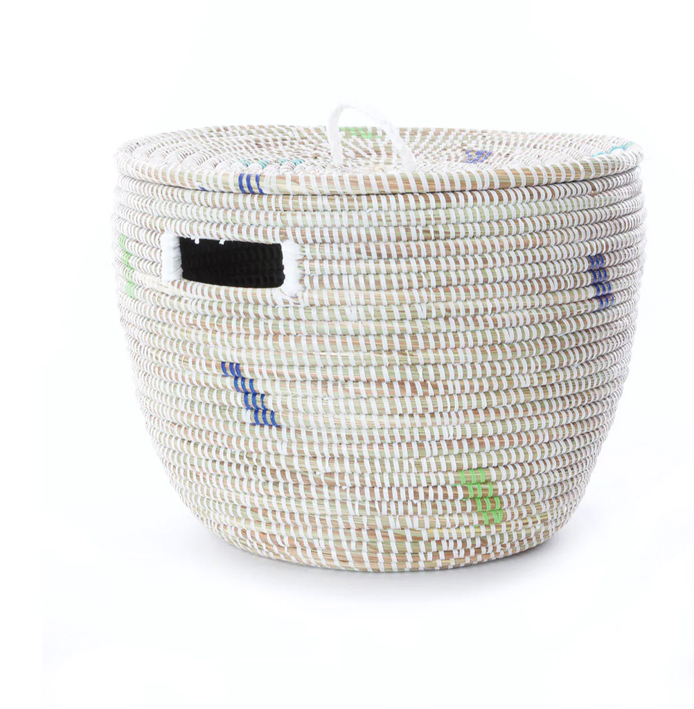 Set of 2 White with Green & Blue Dashes Handwoven African Decorative Storage Basket, Fair Trade
