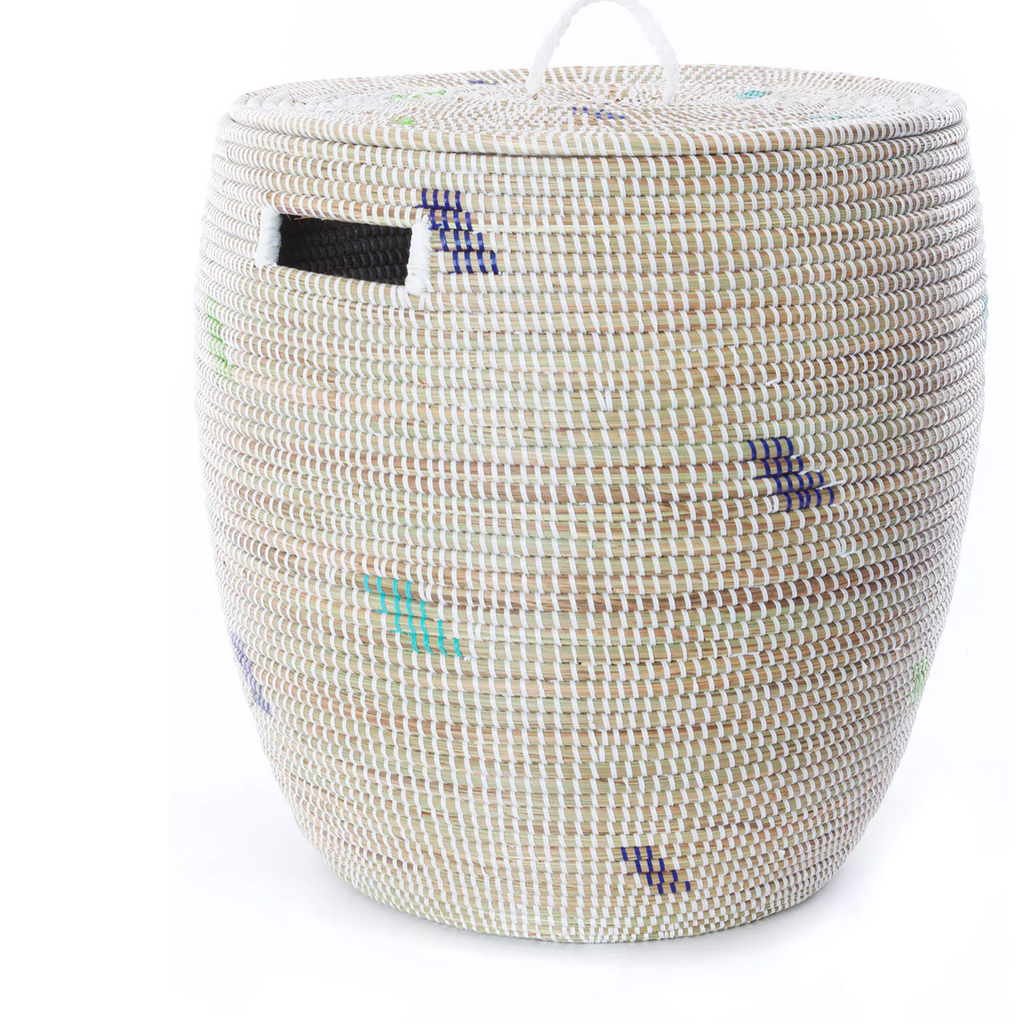 White with Green & Blue Dashes Hamper Storage Basket, Senegal, Handwoven, Fair Trade
