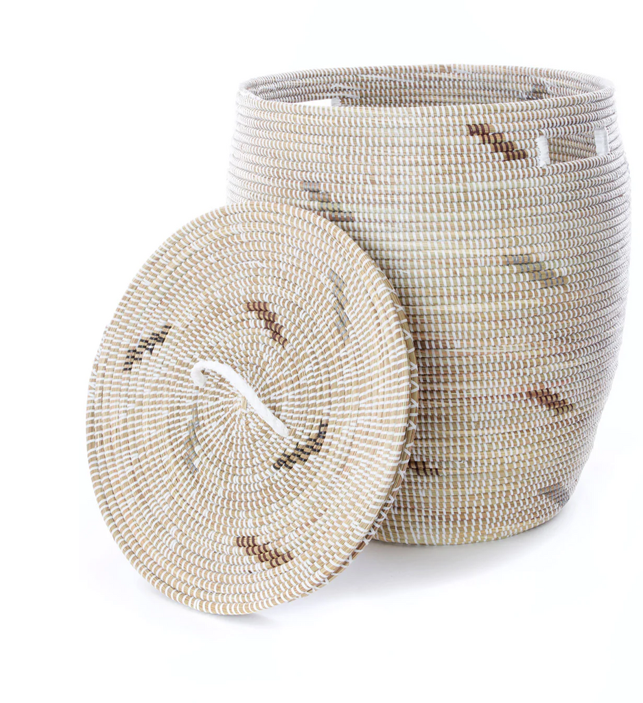 White with Brown & Silver Dashes Hamper Storage Basket, Senegal, Handwoven, Fair Trade